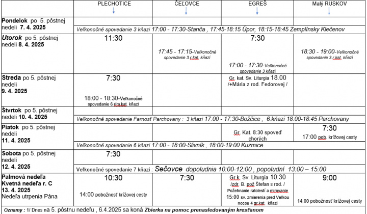 Fotka - Program bohoslužieb týždeň od 07.04.2025 do 13.04.2025