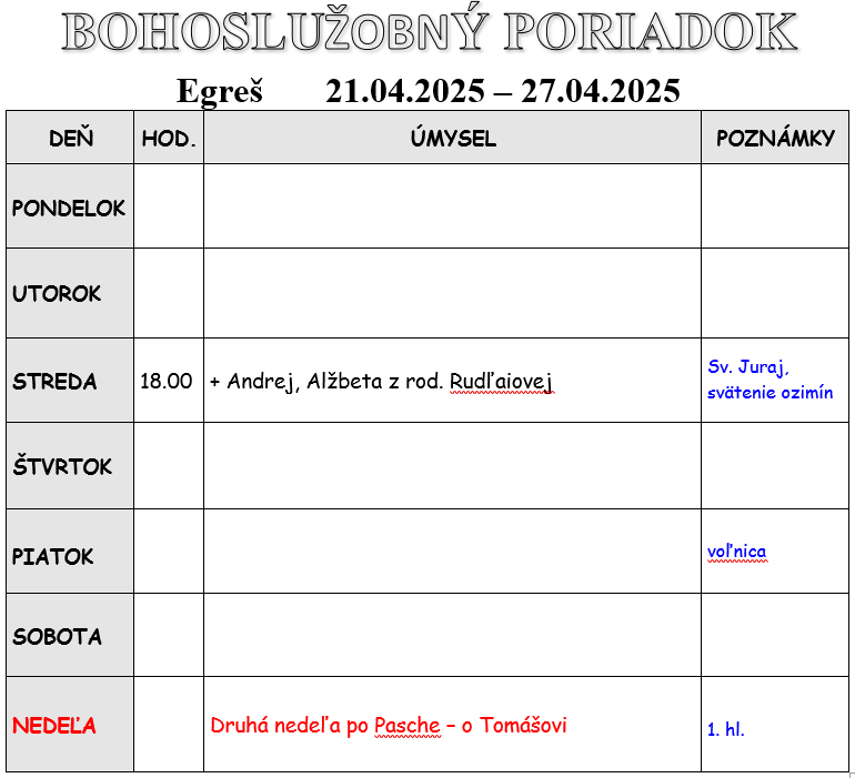 Fotka - Bohoslužobný poriadok 21.04.2025-27.04.2025