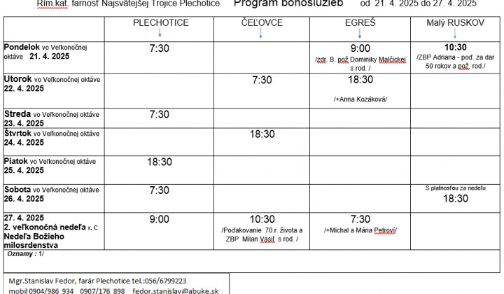 Fotka - Program bohoslužieb týždeň od 21.04.2025 do 27.04.2025