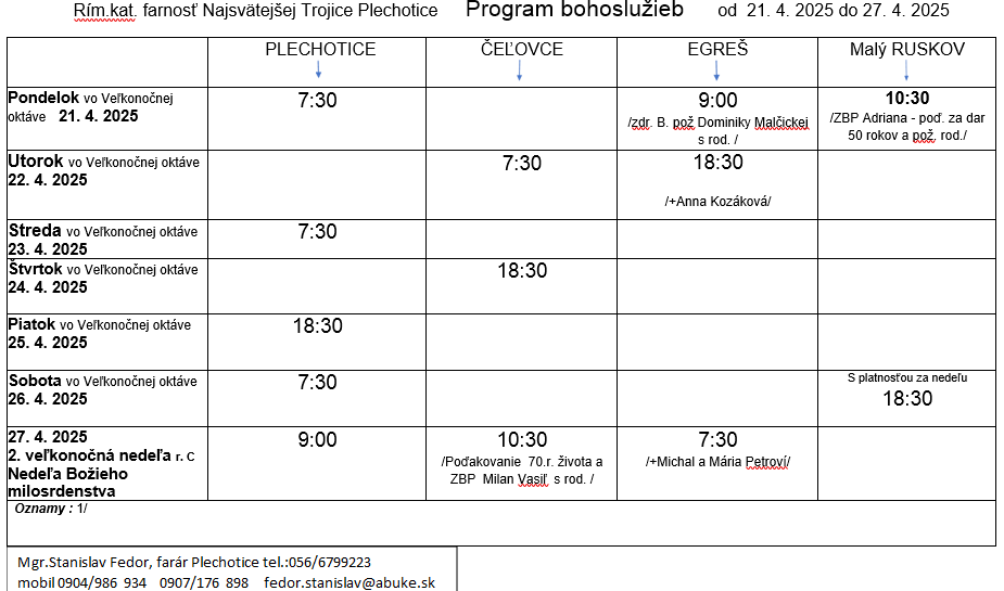 Fotka - Program bohoslužieb týždeň od 21.04.2025 do 27.04.2025