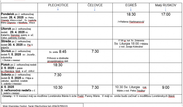 Fotka - Program bohoslužieb týždeň od 28.04.2025 do 04.05.2025