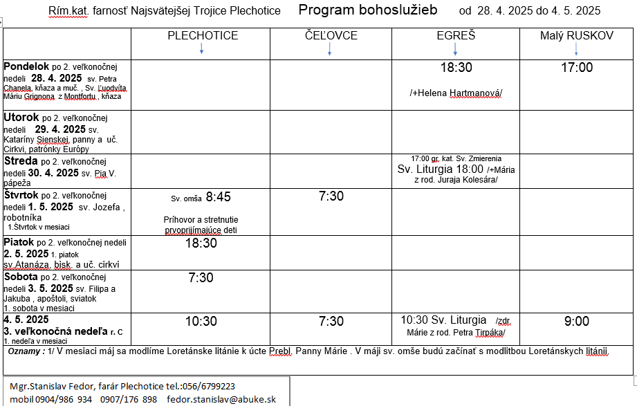 Fotka - Program bohoslužieb týždeň od 28.04.2025 do 04.05.2025