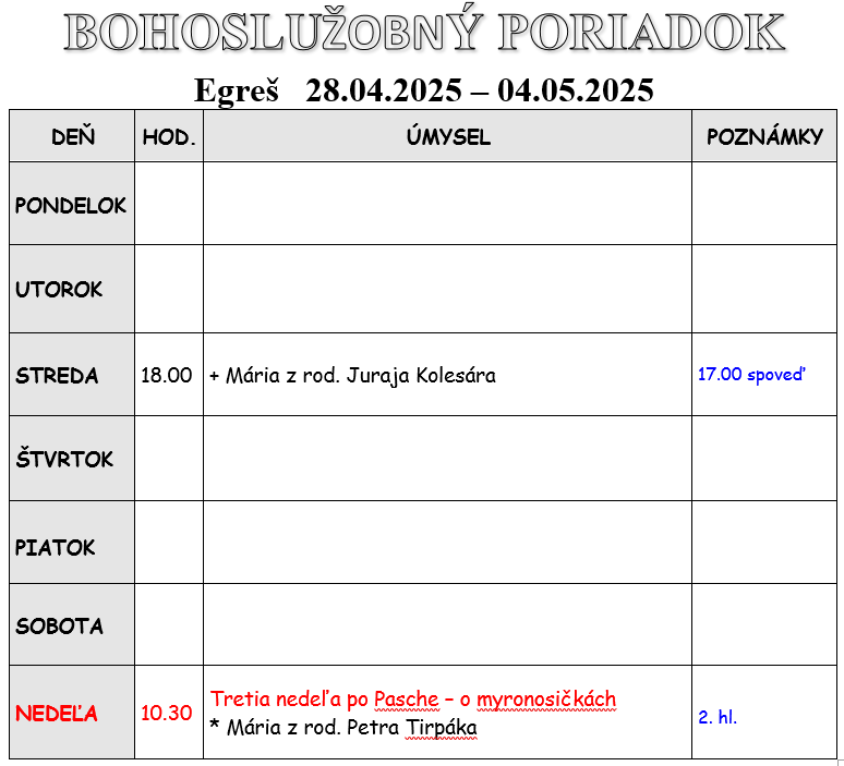 Fotka - Bohoslužobný poriadok 28.04.2025-04.05.2025
