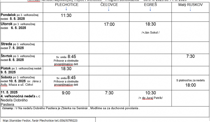 Fotka - Program bohoslužieb týždeň od 05.05.2025 do 11.05.2025