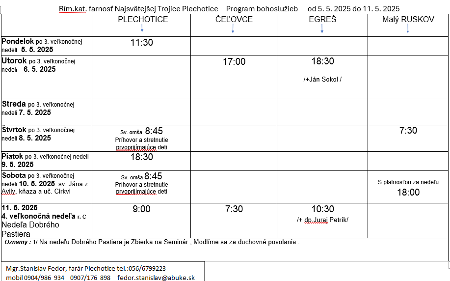Fotka - Program bohoslužieb týždeň od 05.05.2025 do 11.05.2025