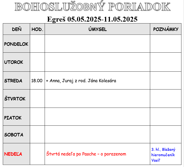 Fotka - Bohoslužobný poriadok 05.05.2025-11.05.2025