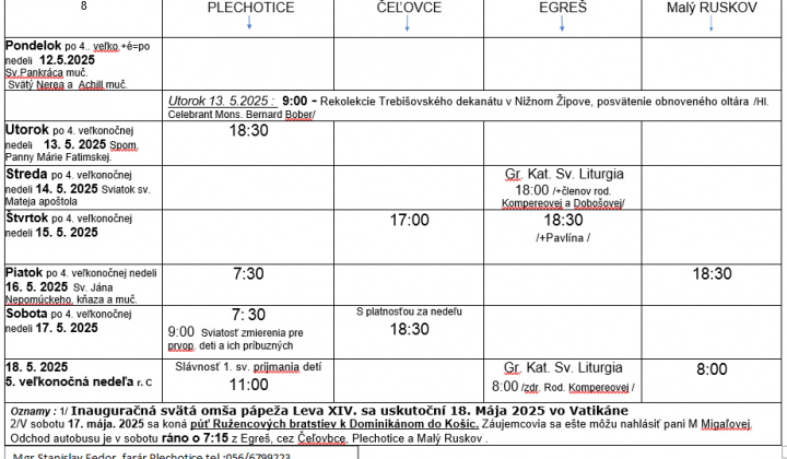 Fotka - Program bohoslužieb týždeň od 12.05.2025 do 15.05.2025