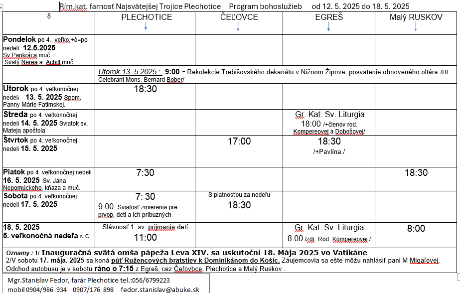Fotka - Program bohoslužieb týždeň od 12.05.2025 do 15.05.2025