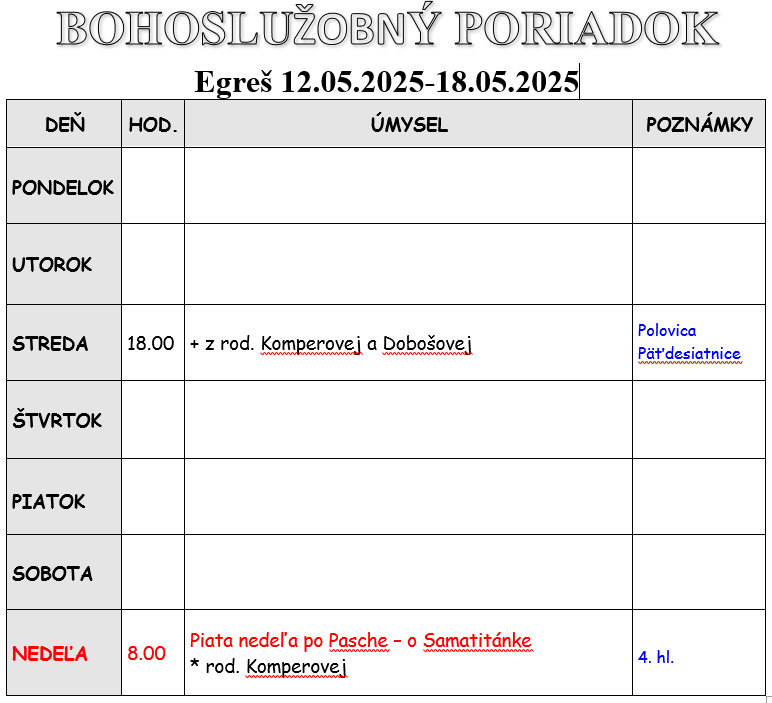 Fotka - Bohoslužobný poriadok 12.05.2025-18.05.2025