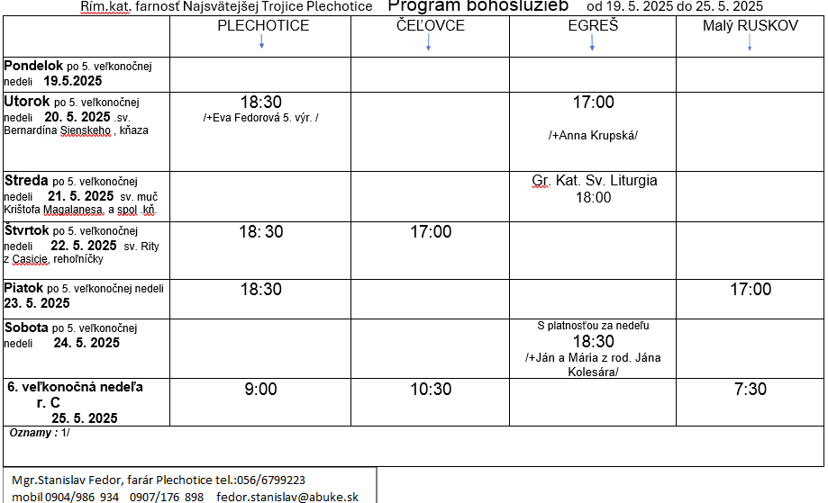 Fotka - Program bohoslužieb týždeň od 19.05.2025 do 25.05.2025