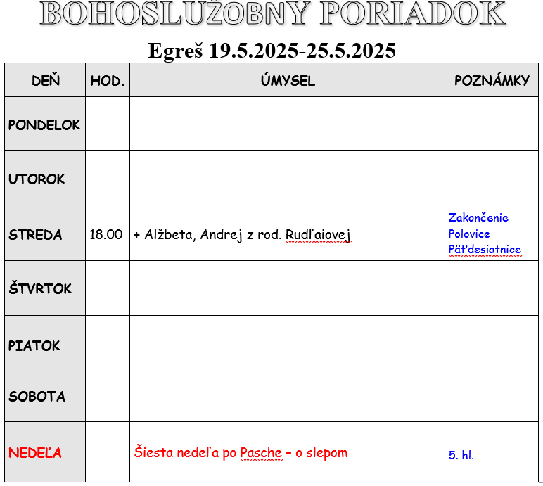 Fotka - Bohoslužobný poriadok 19.05.2025-25.05.2025