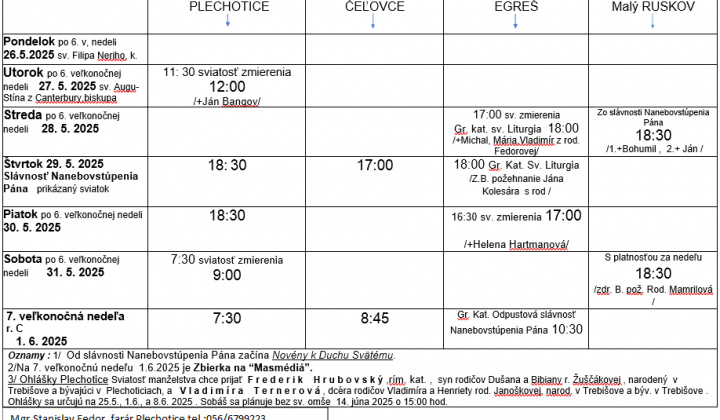 Fotka - Program bohoslužieb týždeň od 26.05.2025 do 01.06.2025