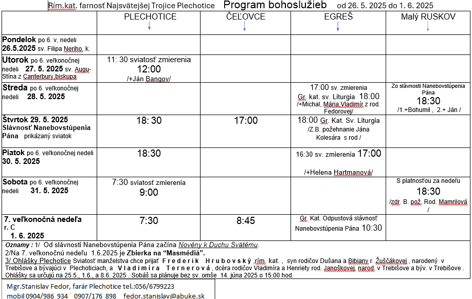 Fotka - Program bohoslužieb týždeň od 26.05.2025 do 01.06.2025