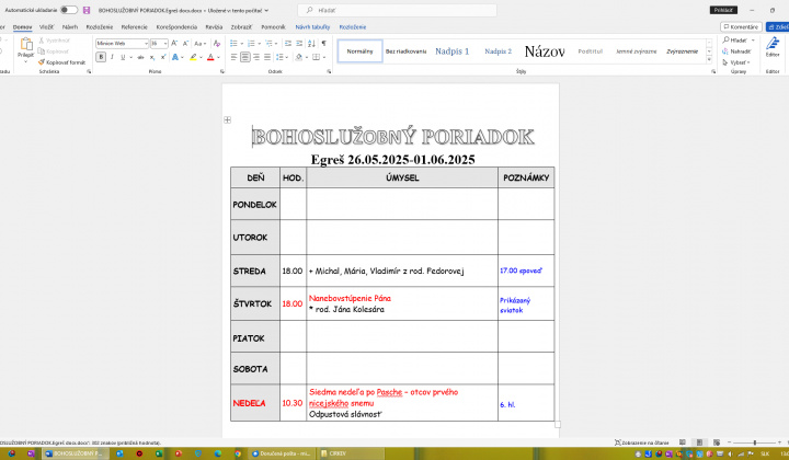 Fotka - Bohoslužobný poriadok 26.05.2025-01.06.2025