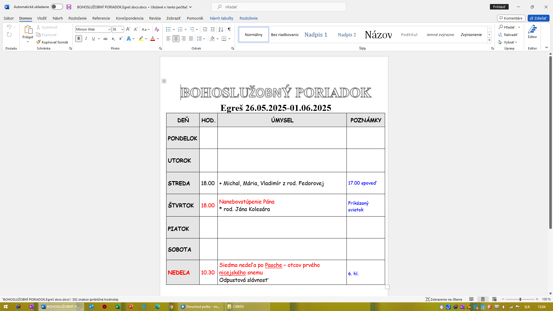 Fotka - Bohoslužobný poriadok 26.05.2025-01.06.2025