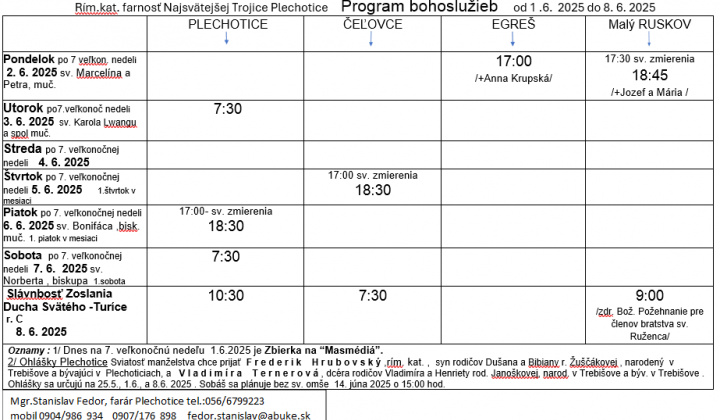 Fotka - Program bohoslužieb týždeň od 01.06.2025 do 08.06.2025
