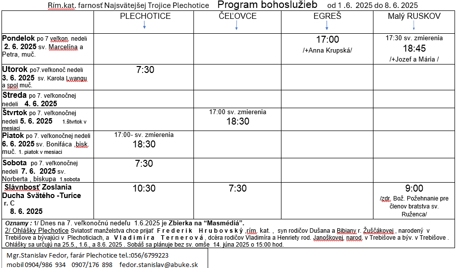 Fotka - Program bohoslužieb týždeň od 01.06.2025 do 08.06.2025