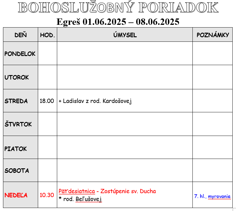 Fotka - Bohoslužobný poriadok 01.06.2025-08.06.2025