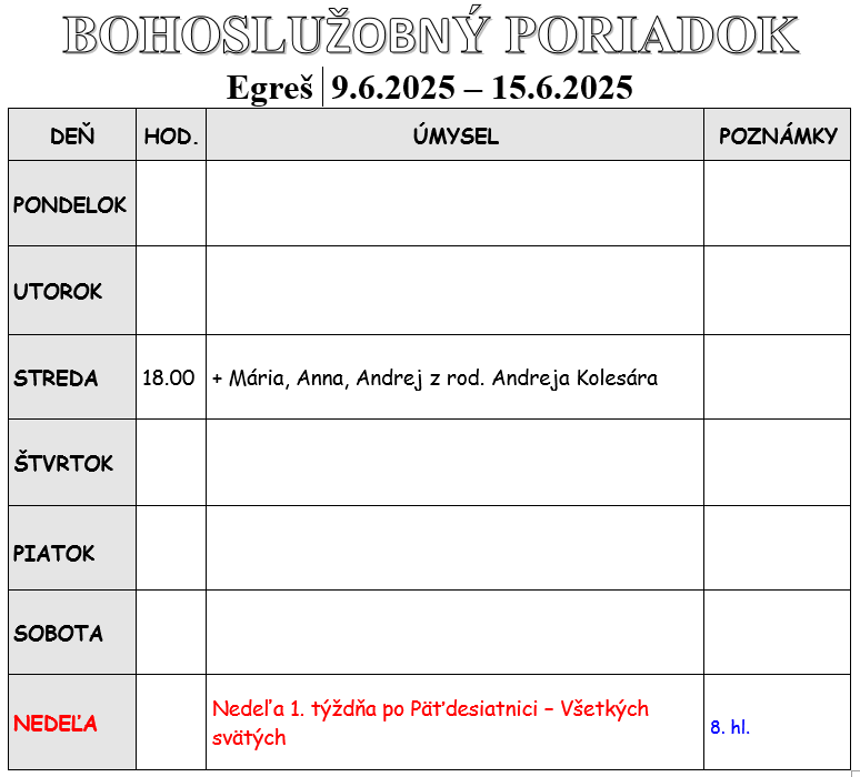 Fotka - Bohoslužobný poriadok 09.06.2025-15.06.2025