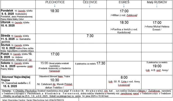 Fotka - Program bohoslužieb týždeň od 09.06.2025 do 15.06.2025