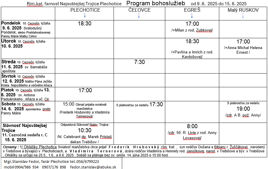 Fotka - Program bohoslužieb týždeň od 09.06.2025 do 15.06.2025