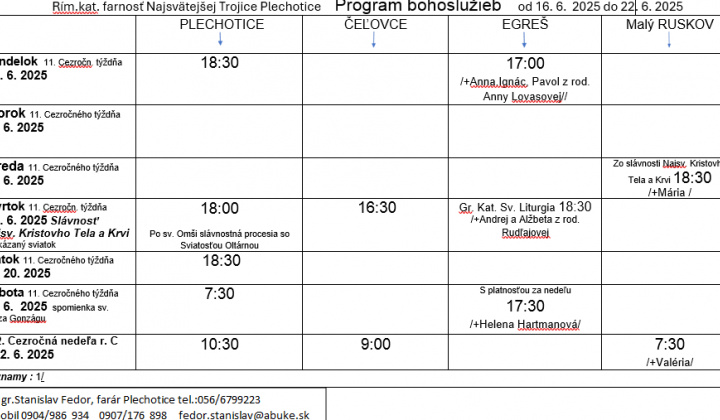 Fotka - Program bohoslužieb týždeň od 16.06.2025 do 22.06.2025
