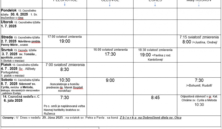 Fotka - Program bohoslužieb týždeň od 30.06.2025 do 06.07.2025