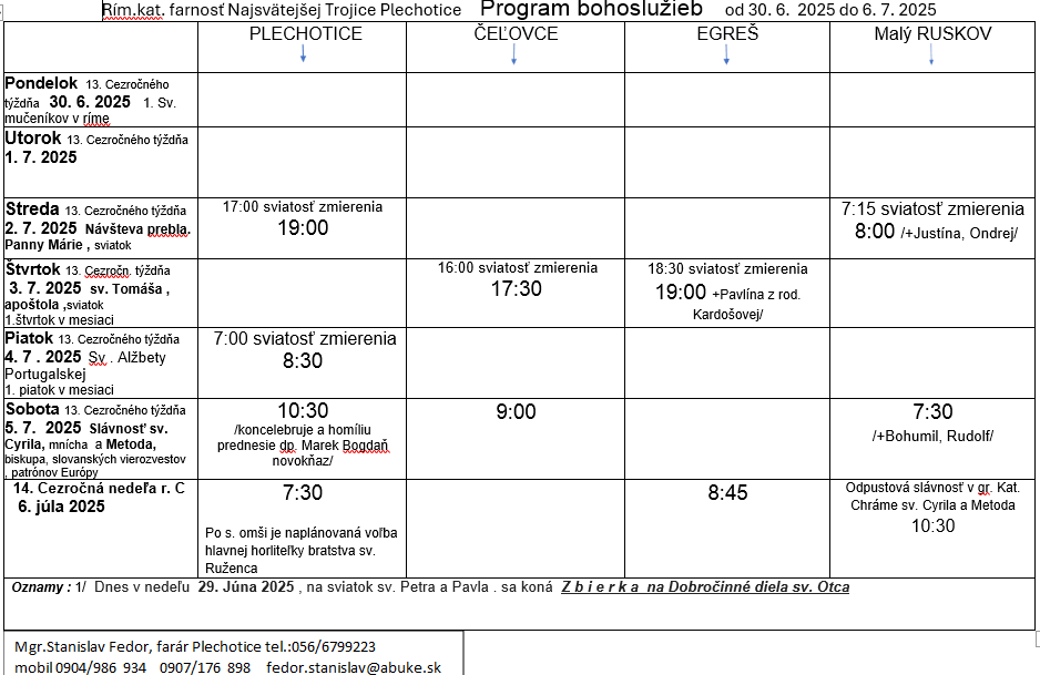 Fotka - Program bohoslužieb týždeň od 30.06.2025 do 06.07.2025