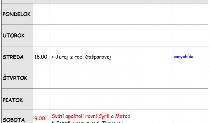 Fotka - Bohoslužobný poriadok 30.06.2025-06.07.2025