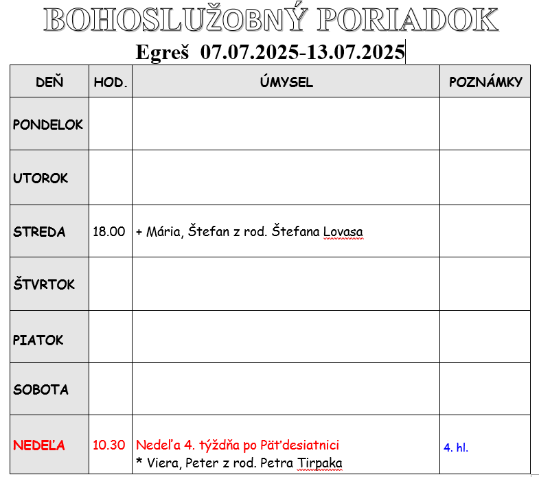 Fotka - Bohoslužobný poriadok 07.07.2025-13.07.2025