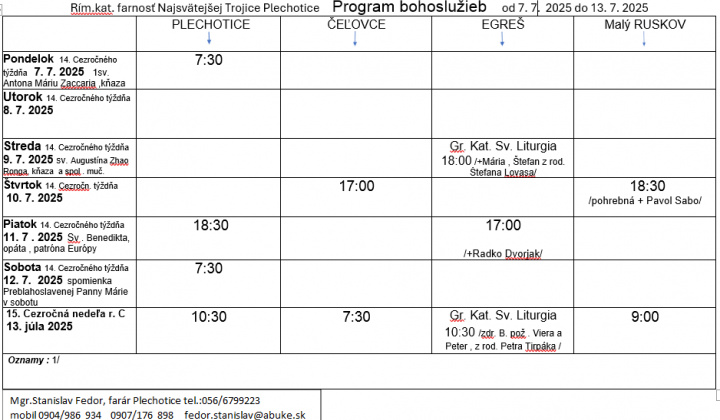 Fotka - Program bohoslužieb týždeň od 07.07.2025 do 13.07.2025