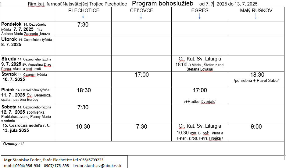 Fotka - Program bohoslužieb týždeň od 07.07.2025 do 13.07.2025