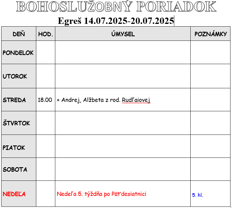 Fotka - Bohoslužobný poriadok 14.07.2025-20.07.2025
