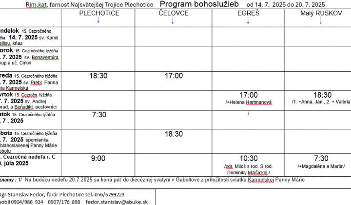 Fotka - Program bohoslužieb týždeň od 14.07.2025 do 20.07.2025