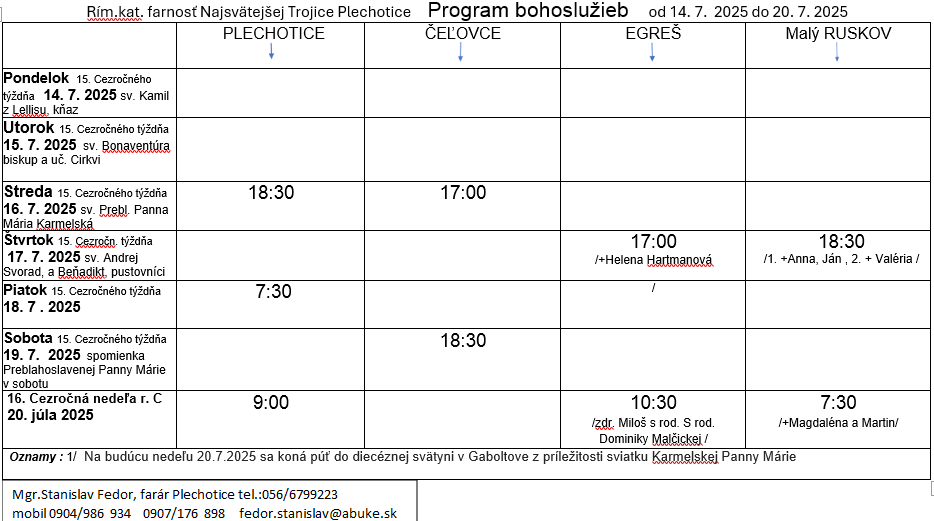 Fotka - Program bohoslužieb týždeň od 14.07.2025 do 20.07.2025