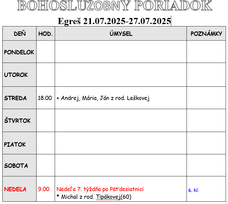 Fotka - Bohoslužobný poriadok 21.07.2025-27.07.2025