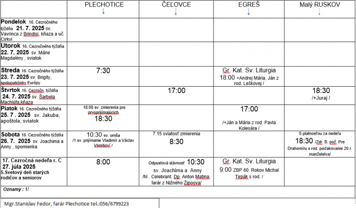 Fotka - Program bohoslužieb týždeň od 21.07.2025 do 27.07.2025