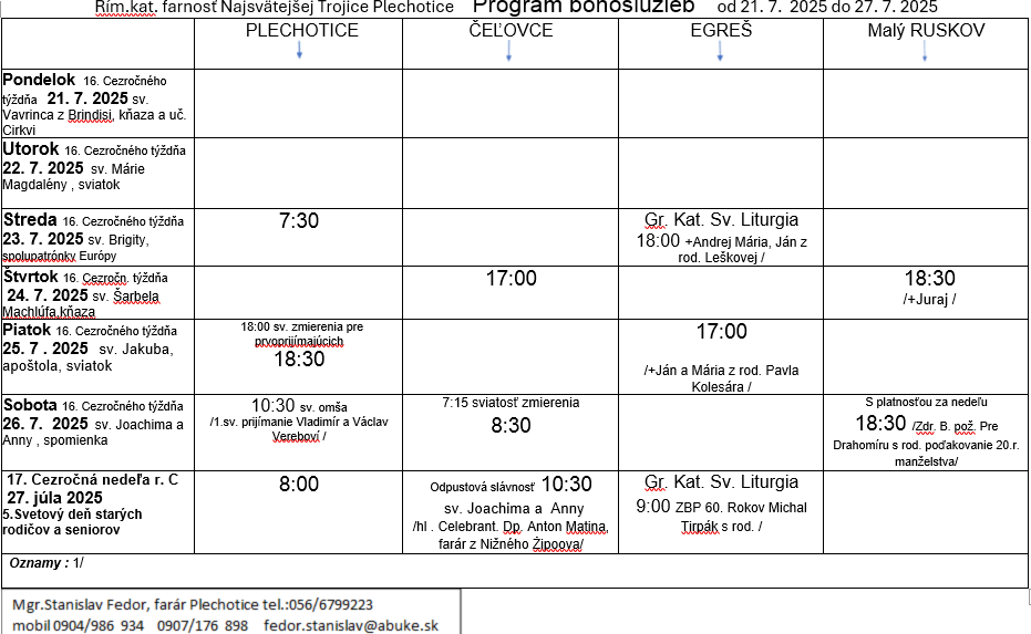 Fotka - Program bohoslužieb týždeň od 21.07.2025 do 27.07.2025