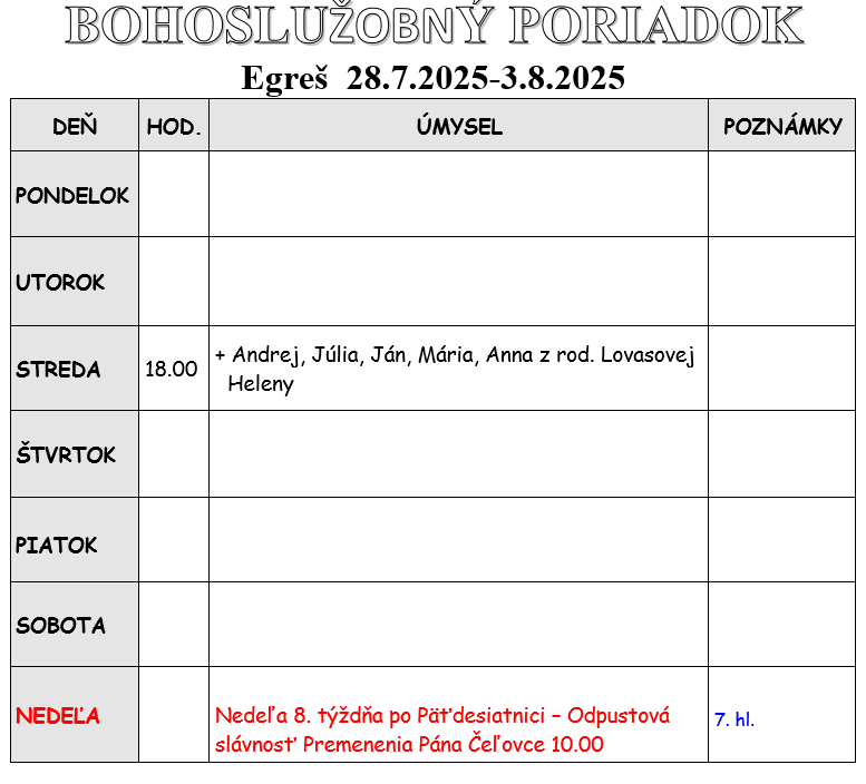 Fotka - Bohoslužobný poriadok 28.07.2025-03.08.2025