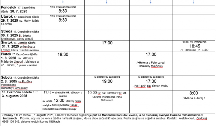 Fotka - Program bohoslužieb týždeň od 28.07.2025 do 03.08.2025