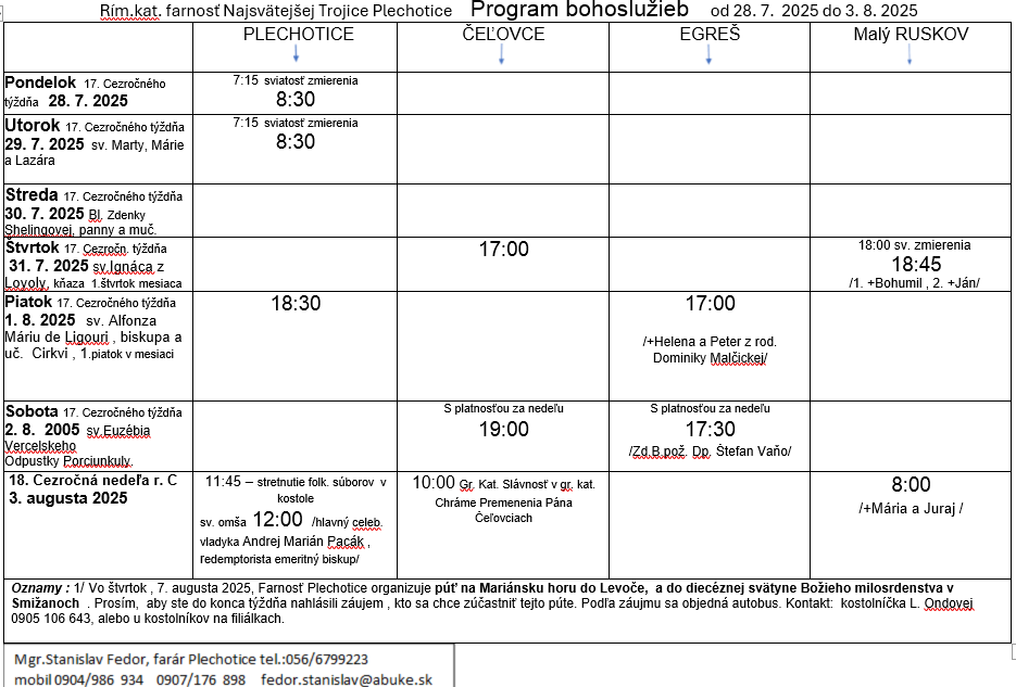 Fotka - Program bohoslužieb týždeň od 28.07.2025 do 03.08.2025