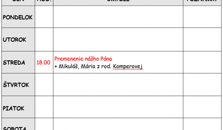 Fotka - Bohoslužobný poriadok 04.08.2025-10.08.2025