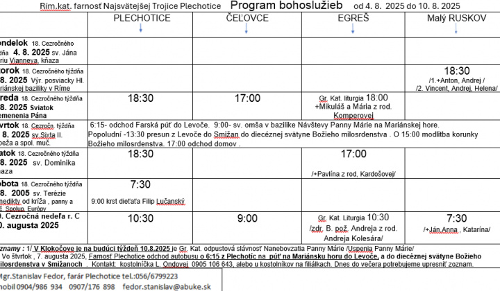 Fotka - Program bohoslužieb týždeň od 04.08.2025 do 10.08.2025