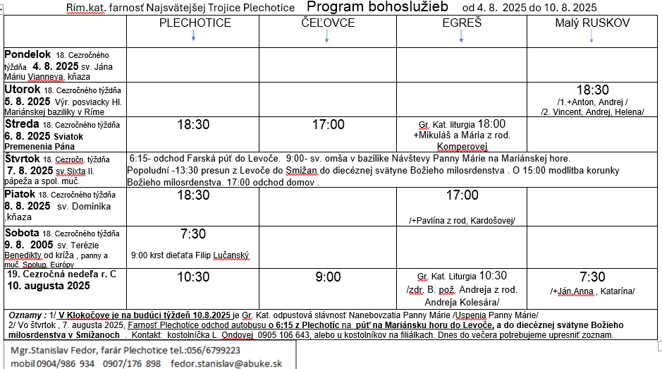 Fotka - Program bohoslužieb týždeň od 04.08.2025 do 10.08.2025