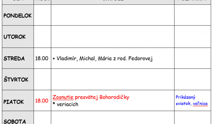 Fotka - Bohoslužobný poriadok 11.08.2025-17.08.2025