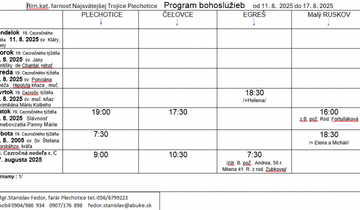 Fotka - Program bohoslužieb týždeň od 11.08.2025 do 17.08.2025