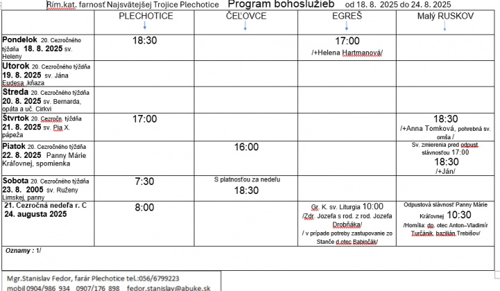 Fotka - Program bohoslužieb týždeň od 18.08.2025 do 24.08.2025