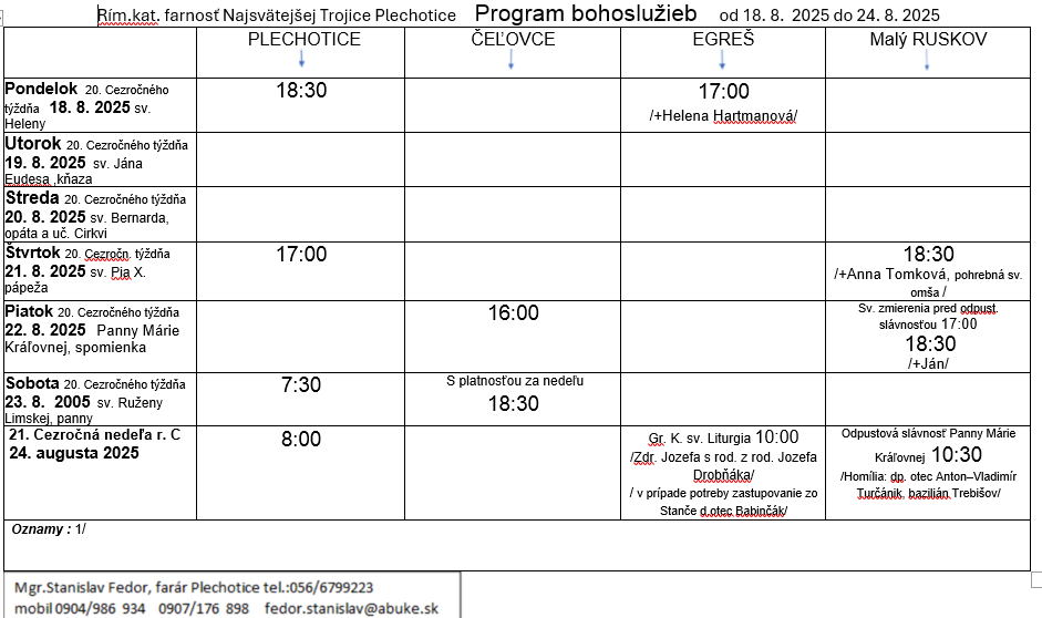 Fotka - Program bohoslužieb týždeň od 18.08.2025 do 24.08.2025