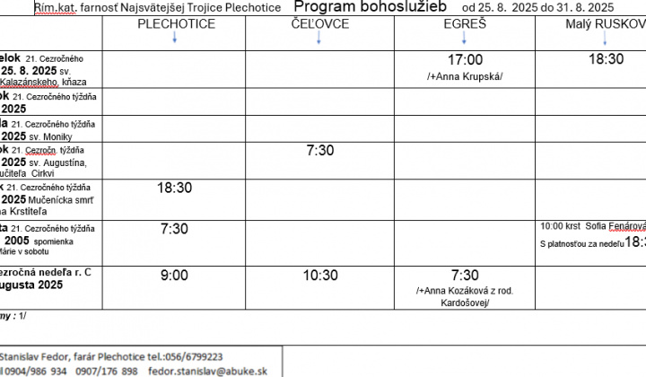 Fotka - Program bohoslužieb týždeň od 25.08.2025 do 31.08.2025