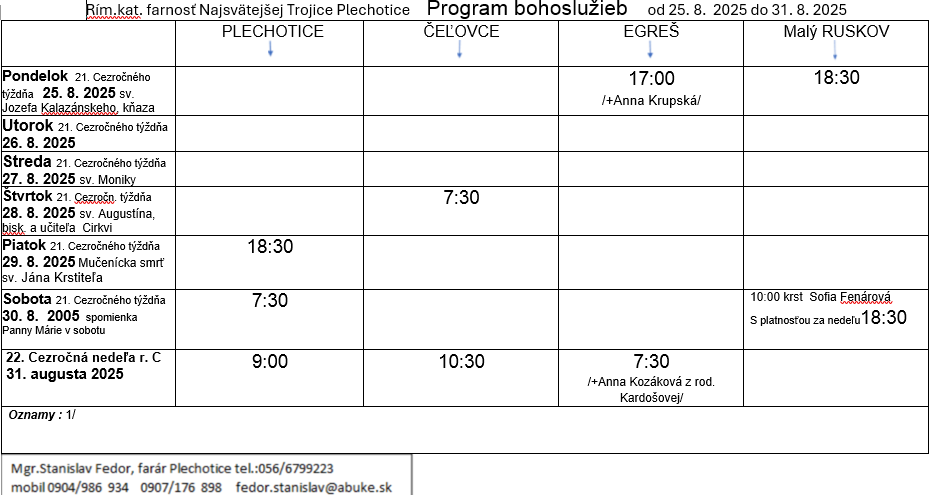 Fotka - Program bohoslužieb týždeň od 25.08.2025 do 31.08.2025